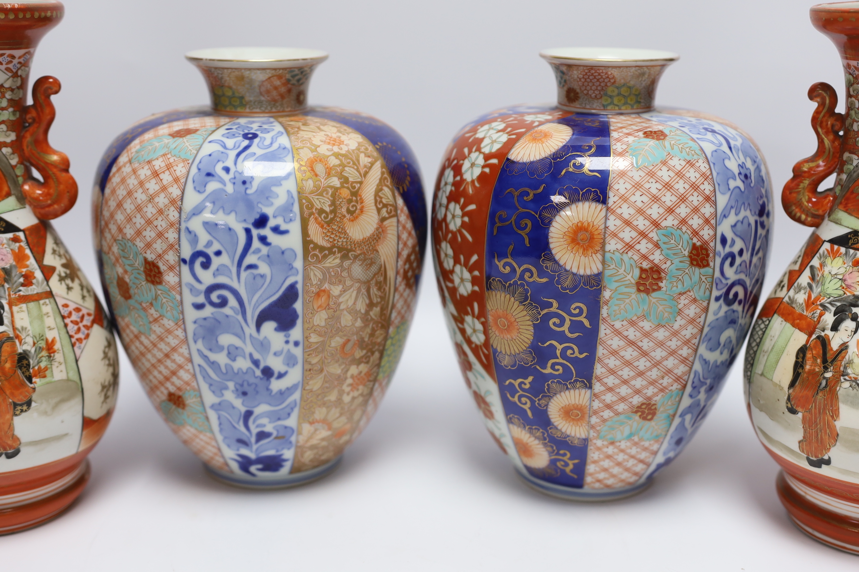 A pair of Japanese Imari vases, by Fukagawa and a pair of Kutani vases, Meiji period, tallest 25cm